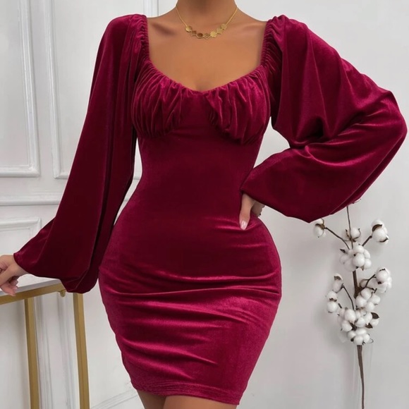 Balloon sleeve velvet red mini dress - Picture 1 of 5